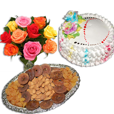 "Dry Fruits, 12 Mixed roses flower bunch, Vanilla Cake- 1kg - Click here to View more details about this Product